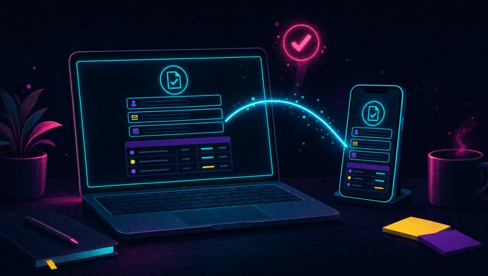 Una laptop y un teléfono mostrando la misma app publicada, unidas por un enlace