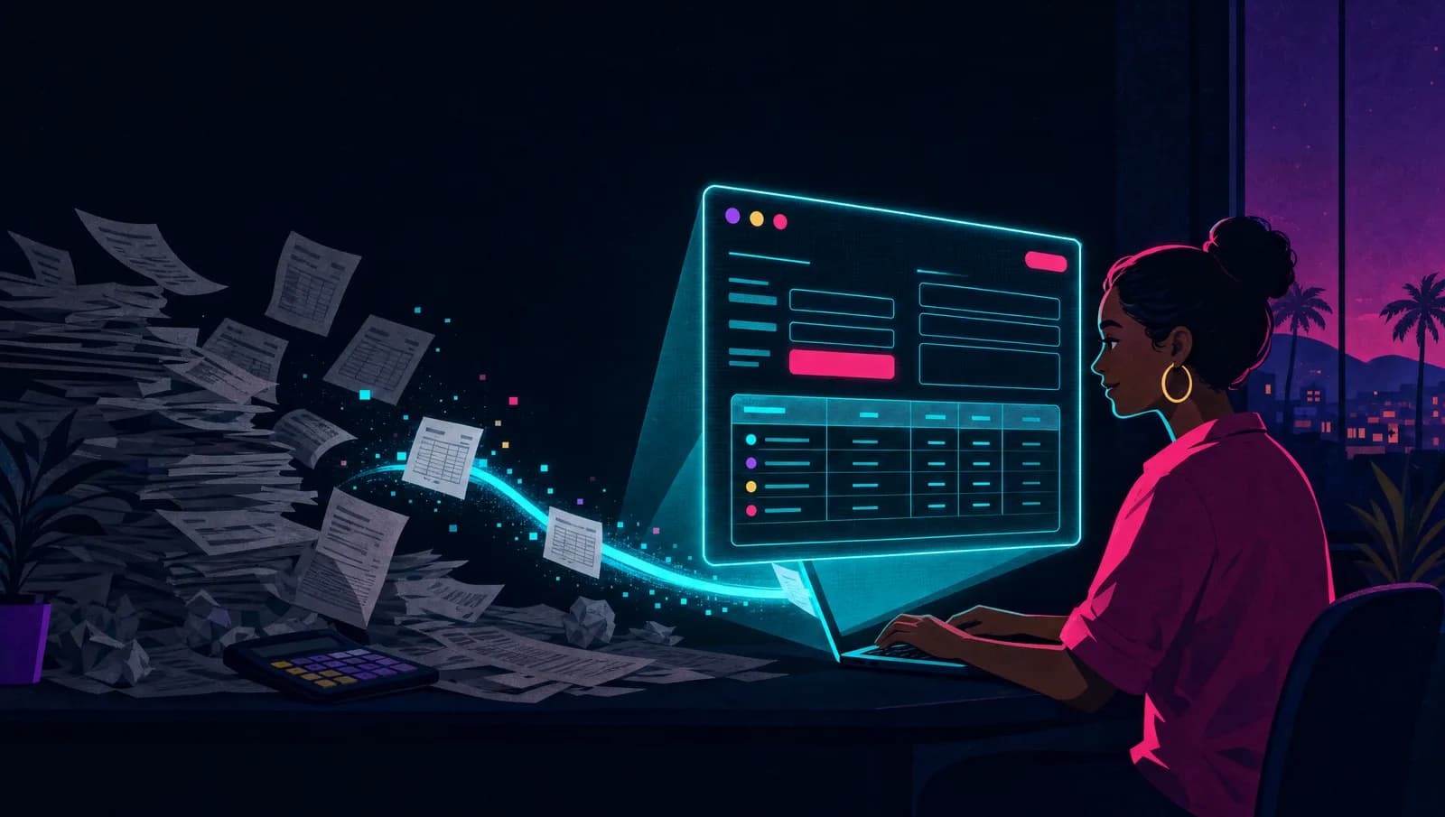 Una pila de papeles y hojas de cálculo que se convierte en una app con formulario y tabla en la laptop