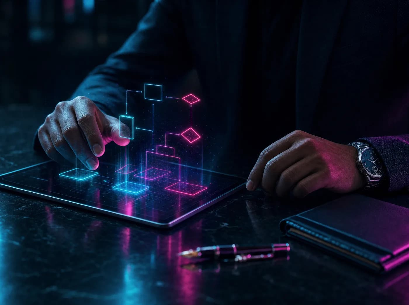 Manos de un ejecutivo revisando un flujo de trabajo automatizado sobre una tablet
